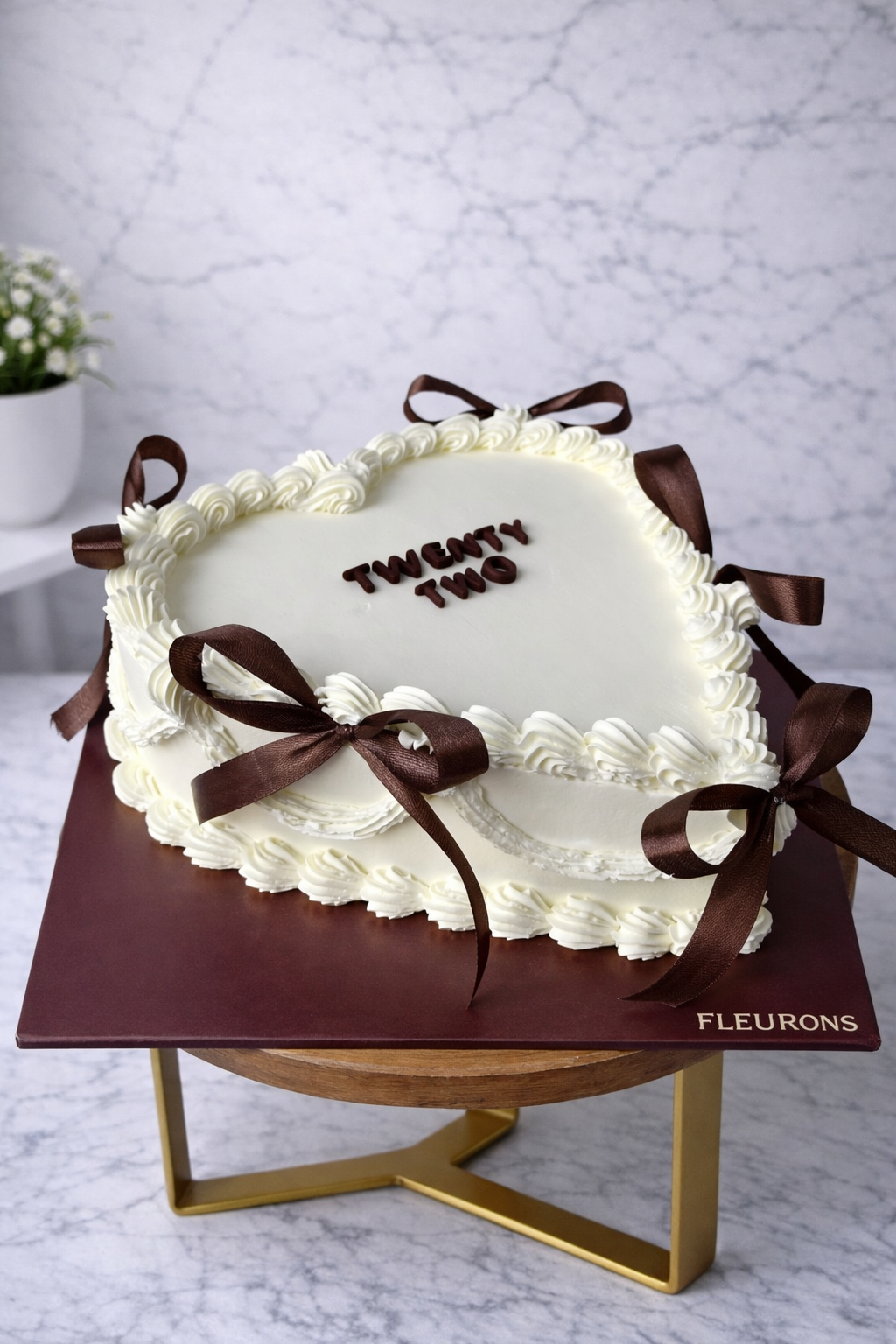 Vintage Heart Cake with Brown Ribbons